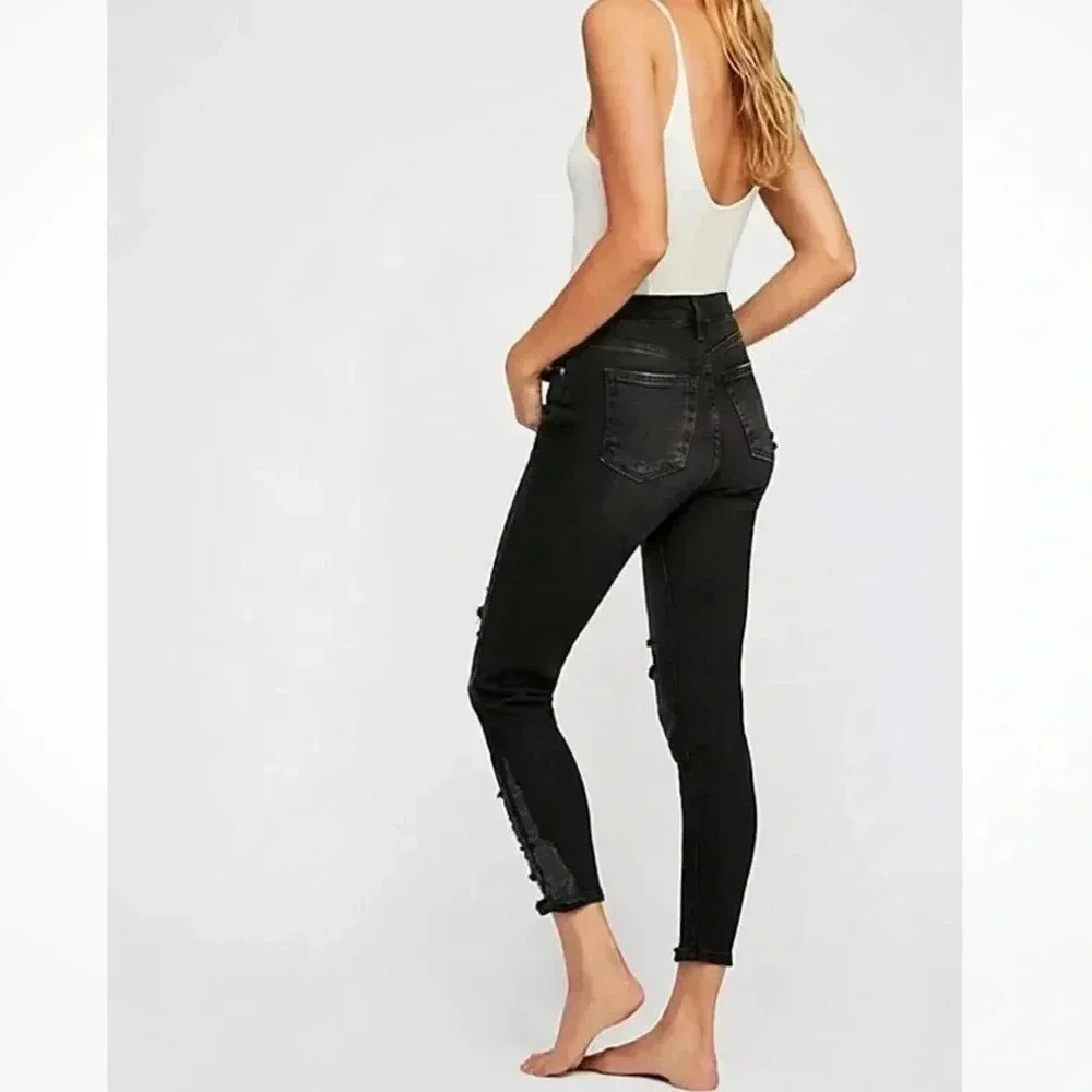 Free People About A Girl Black  Distressed High Rise Skinny Jeans 29 - Picture 3 of 9